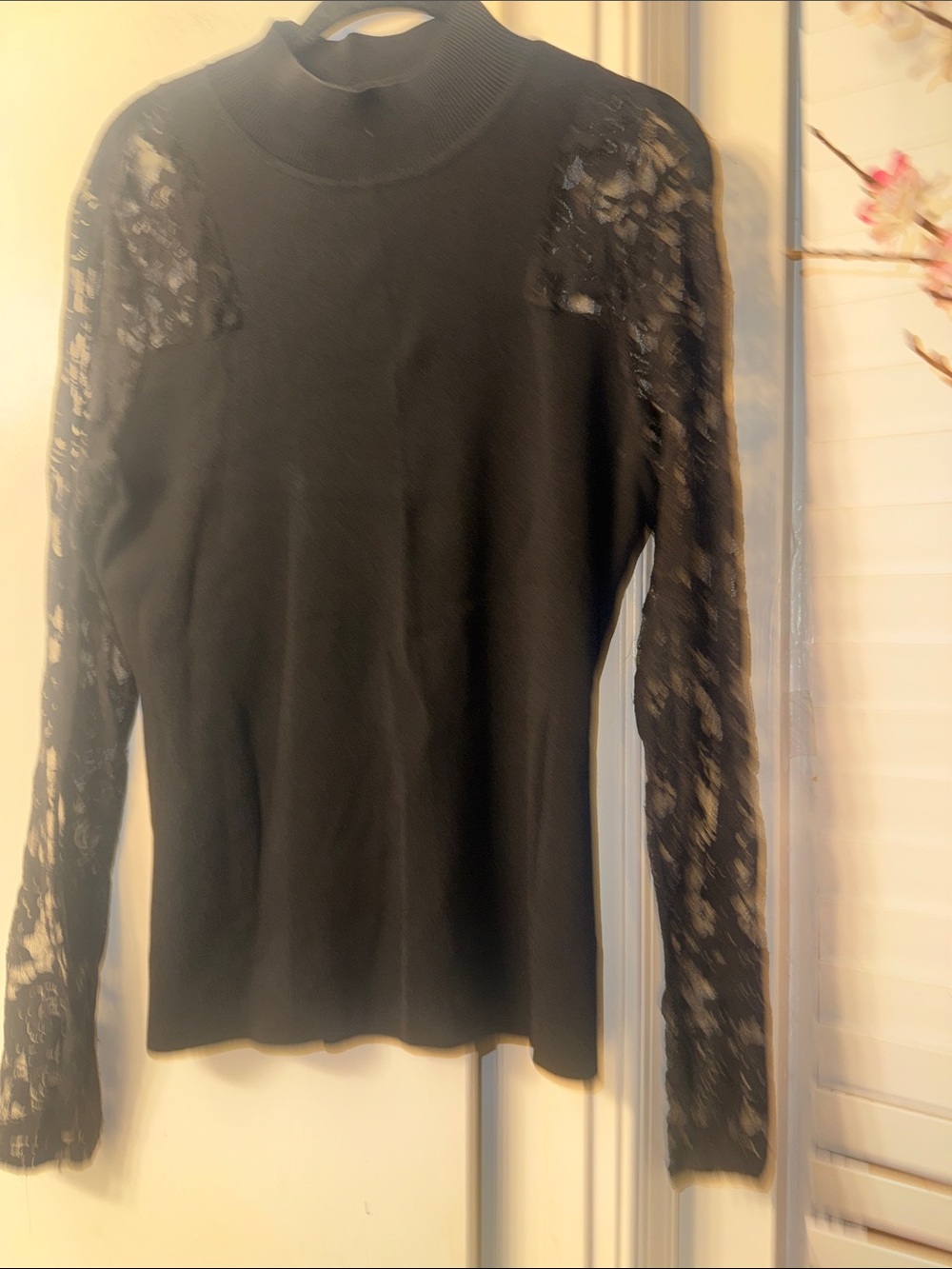 INC International Concepts Black Mock Neck Long Sleeve Top with Lace Sleeves